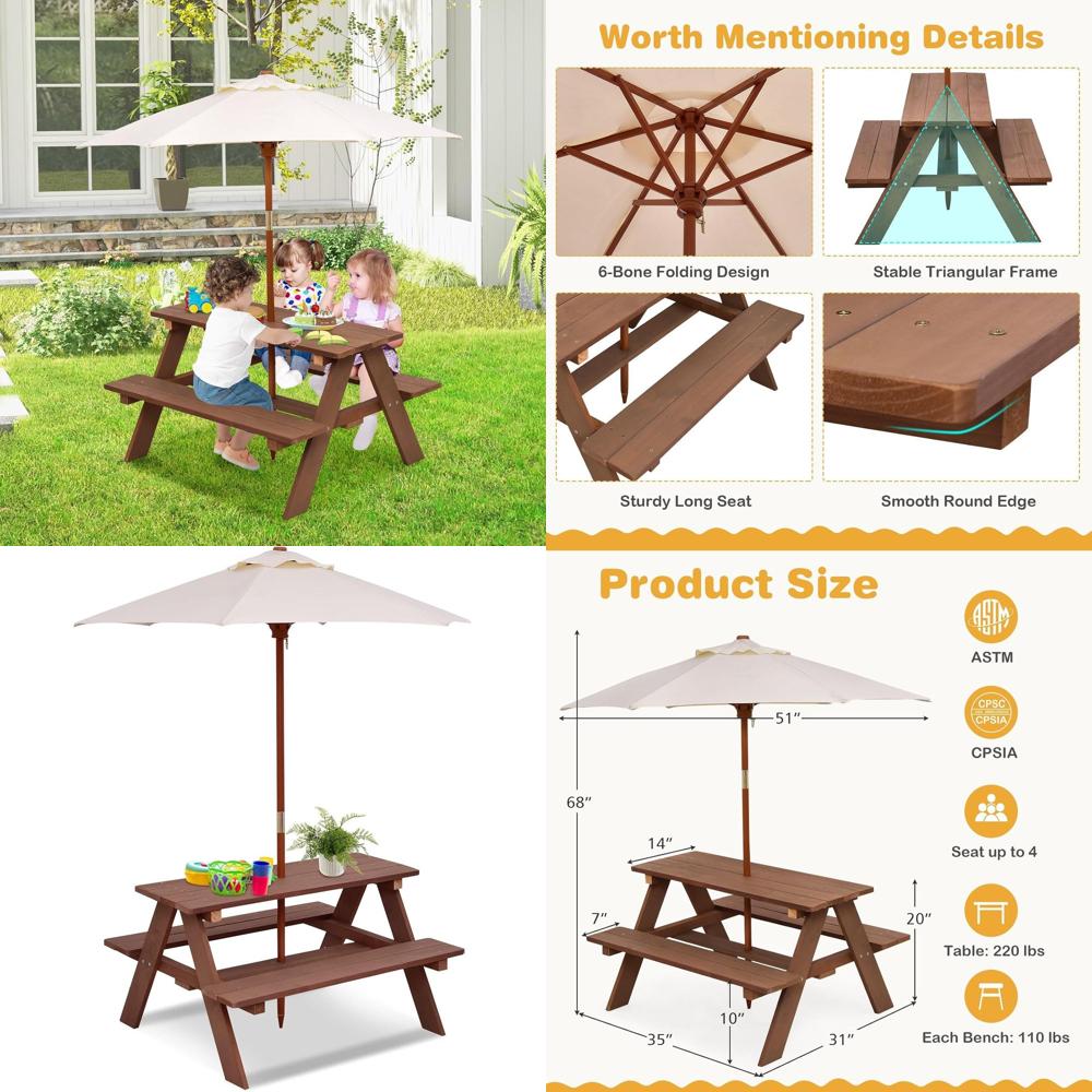 Kids Outdoor Umbrella For Table - Durable Wooden Kids Picnic Table Set
